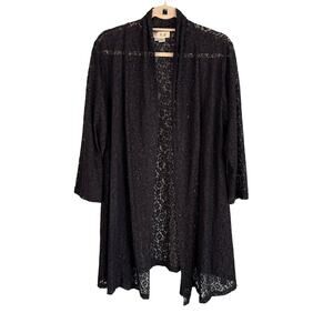 KEKE Long Cardigan Womens XL Embroidered Lace Embellished Open Duster Black
